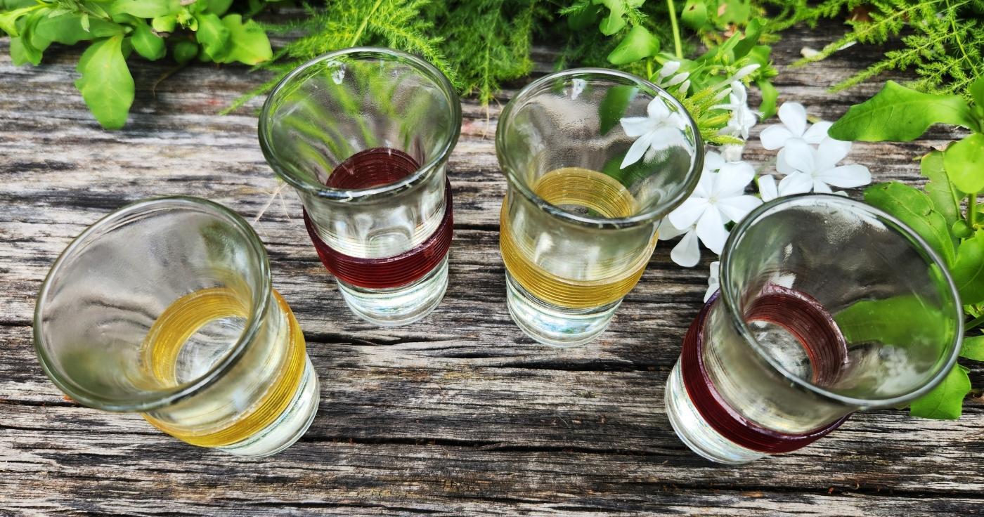 Vintage Paperweight Shot Glass Set/4 Colored Bands 1940s