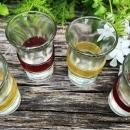 Vintage Paperweight Shot Glass Set/4 Colored Bands 1940s