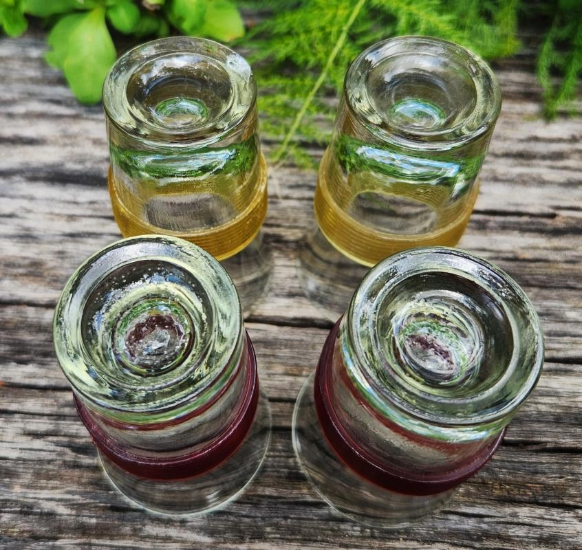 Vintage Paperweight Shot Glass Set/4 Colored Bands 1940s