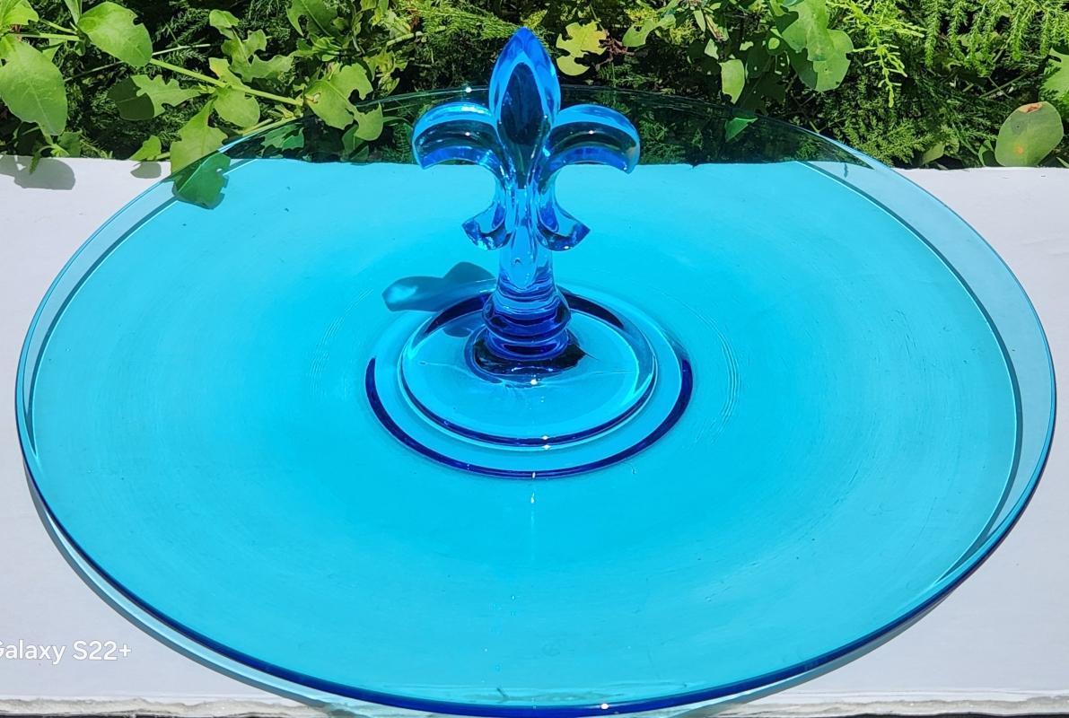 Vintage Fostoria Electric Blue FLEUR DE LIS Tidbit Server 1920s
