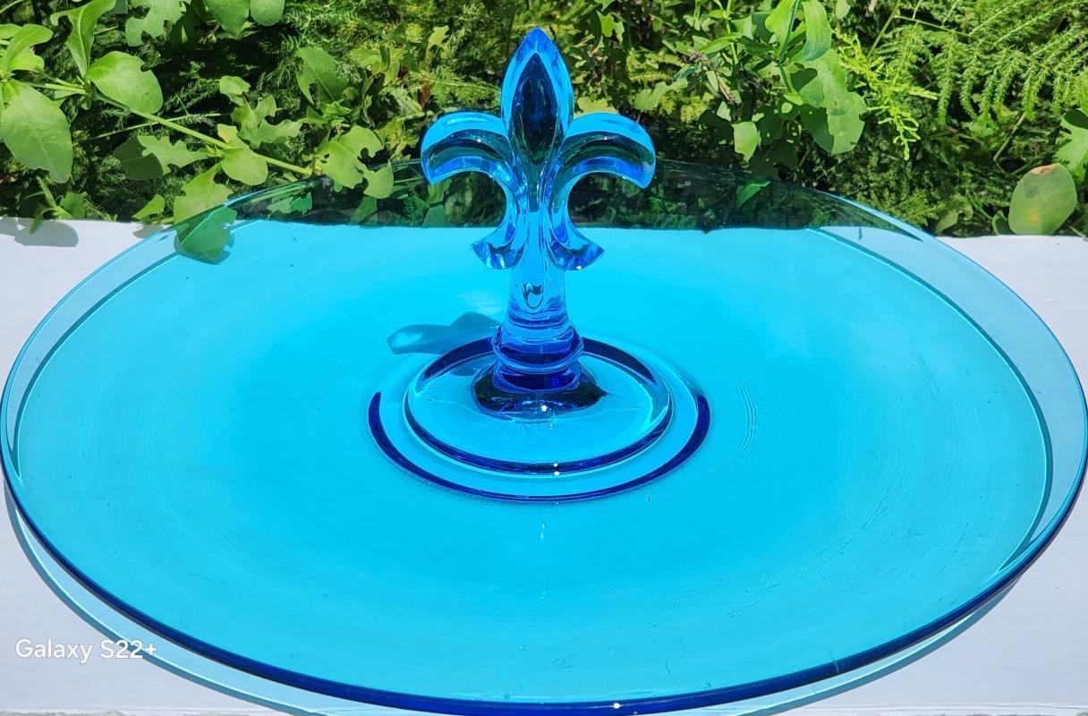 Vintage Fostoria Electric Blue FLEUR DE LIS Tidbit Server 1920s