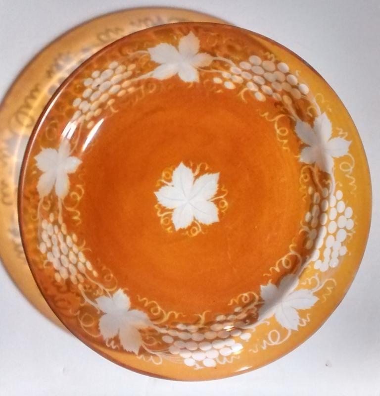 Antique Amber Bohemian Glass Bowl Engraved Grapes/Vines 7.5