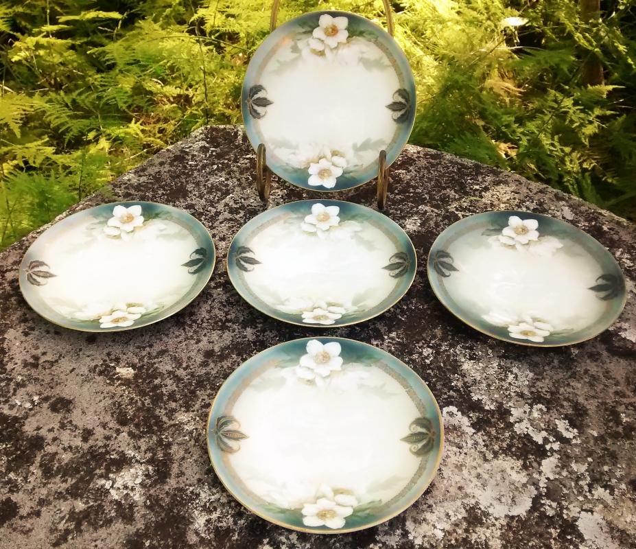 Vintage R.S. Silesia Plate Set/5 Dogwood & Pine Schlegelmilch Porcelain