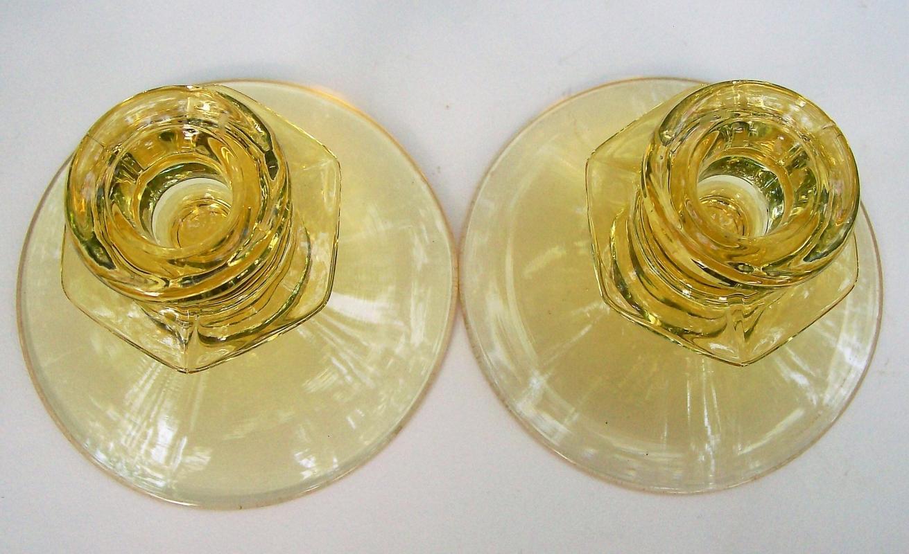 Vintage Fostoria Fairfax Topaz Yellow Candleholder Pair No. 2375