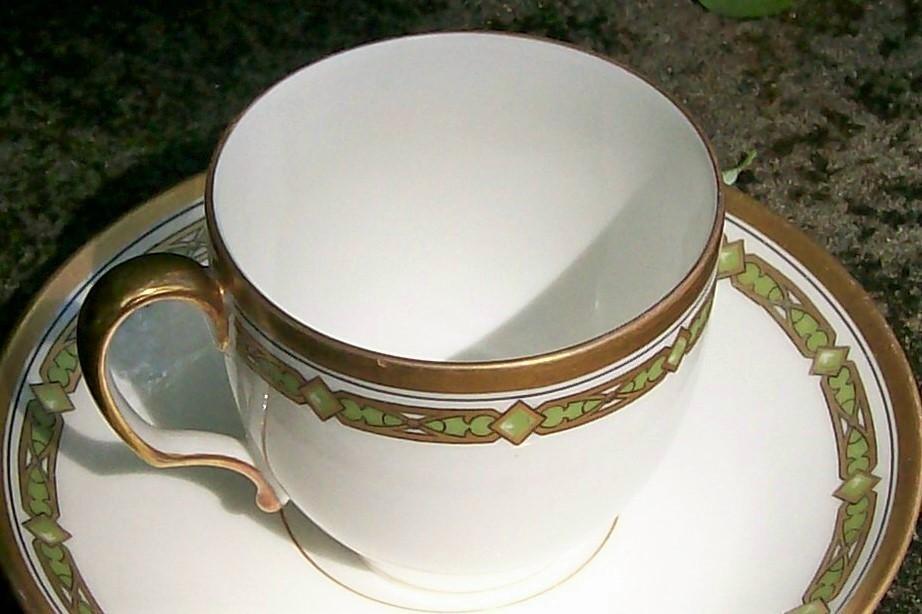 Antique T&V Limoges #6377 Demitasse Cup & Saucer Green/Gold