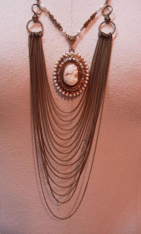 Vintage Angel Skin Coral Cameo Necklace genuine pearls Huge statement piece