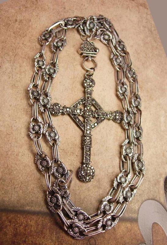 HUGE Gothic marcasite Cross necklace Elaborate nouveau style chain