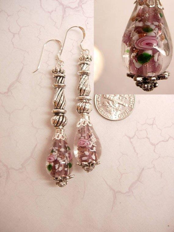 Sterling blown glass paperweight PInk Roses long drop earrings