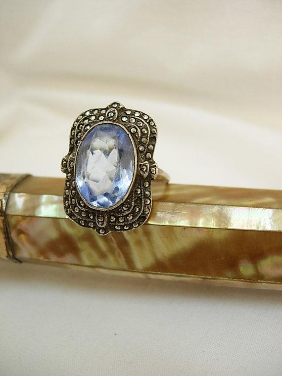 Vintage Art Deco Ring Marcasites and london blue glass center