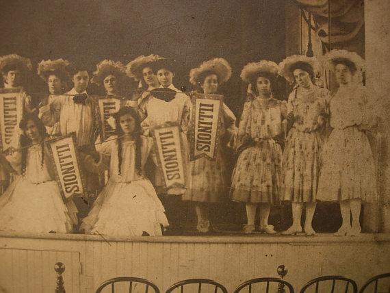 Large ANtique group photo possible Illinois pageant girls with state banners and american flag