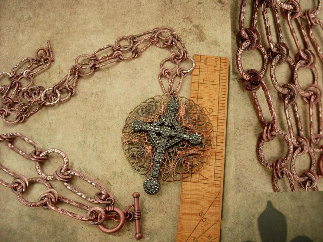 Medieval Marcasite Cross necklace Religious medal with Ornate Chain