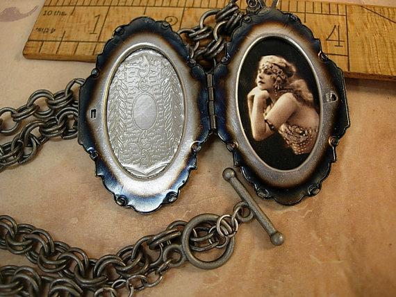 Sacred Dove Deco Locket NEcklace Saint d'Esprit Espirit dove Gunmetal chain Flapper portrait