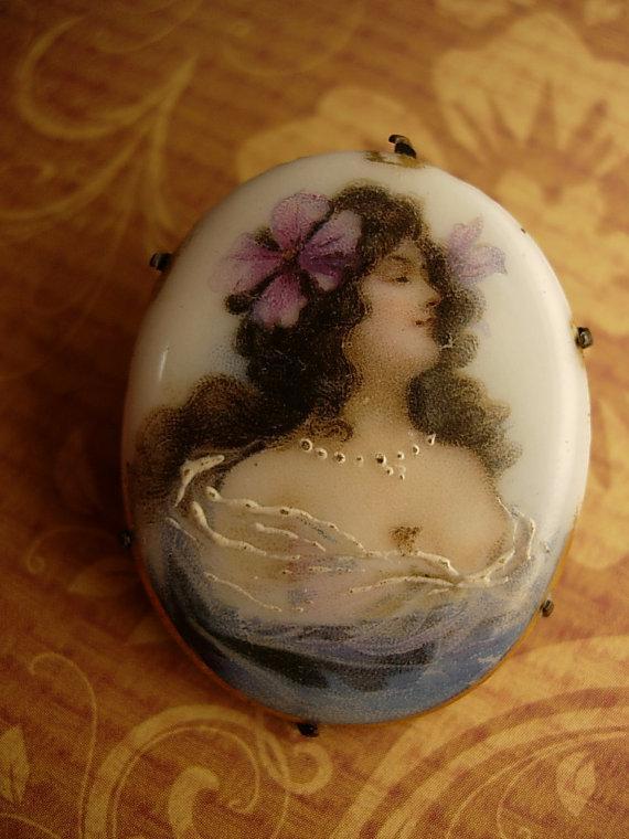 Antique Mucha Brooch Painted porcelain portait Bohemian Goddess with flower in her hair