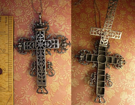 HUGE Antique skull Cross reliquary necklace Shrine sterling mythological cherubs and hidden compartments