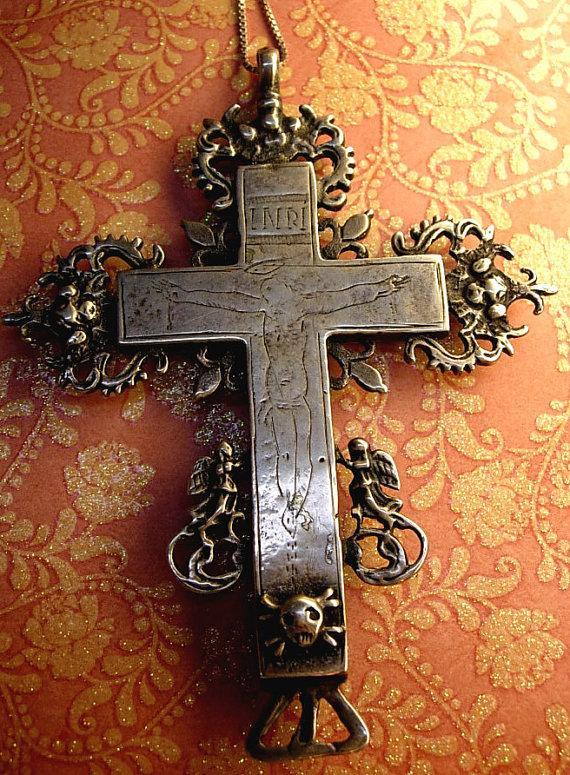 HUGE Antique skull Cross reliquary necklace Shrine sterling mythological cherubs and hidden compartments