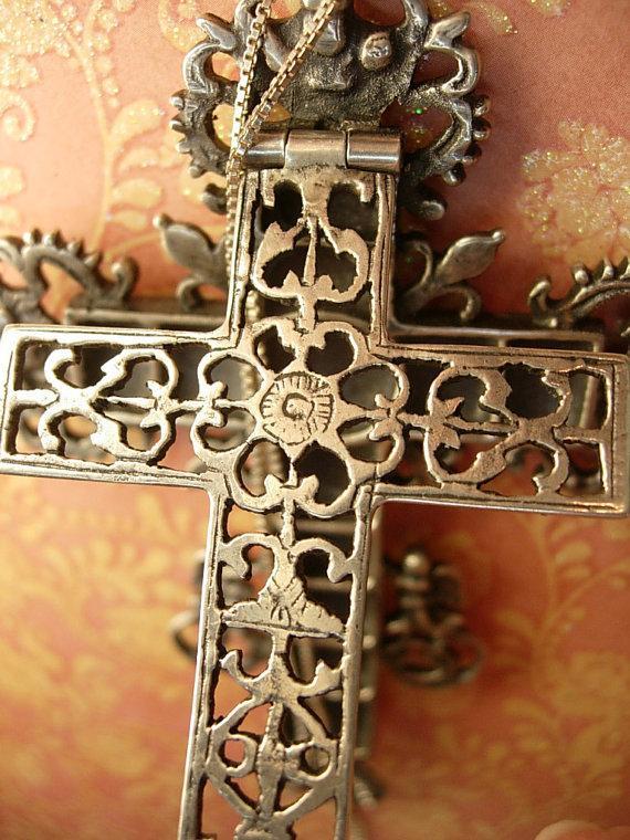 HUGE Antique skull Cross reliquary necklace Shrine sterling mythological cherubs and hidden compartments