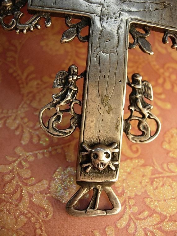 HUGE Antique skull Cross reliquary necklace Shrine sterling mythological cherubs and hidden compartments