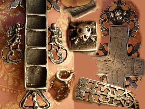 HUGE Antique skull Cross reliquary necklace Shrine sterling mythological cherubs and hidden compartments