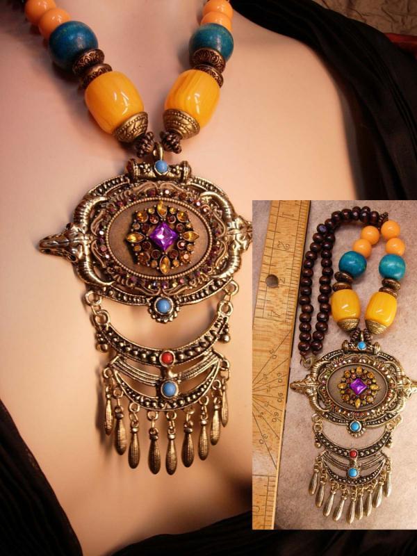 Rhinestone Statement Gypsy Necklace HUGE tasseled pendant Bohemian beaded