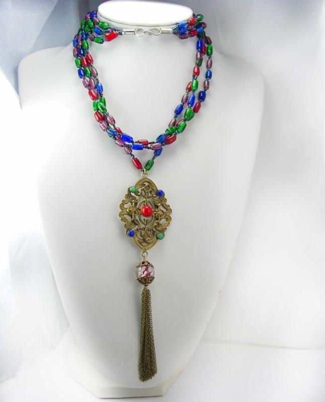 VIntage Czech RED Glass Pendant necklace with chain tassel and blown glass bead