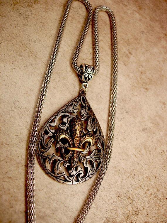 Gothic medieval Fleur de lis Necklace with Snake chain