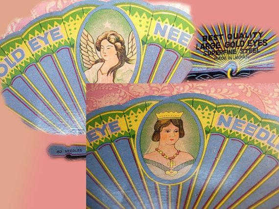 Antique Victorian Fan Needlecase Queen with jewels and crown and angel needlebook Japan