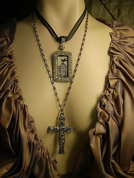 Gothic Raven & Victorian cross necklace Haunting  paste rhinestones sterling chain black ribbon