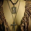 Gothic Raven & Victorian cross necklace Haunting  paste rhinestones sterling chain black ribbon