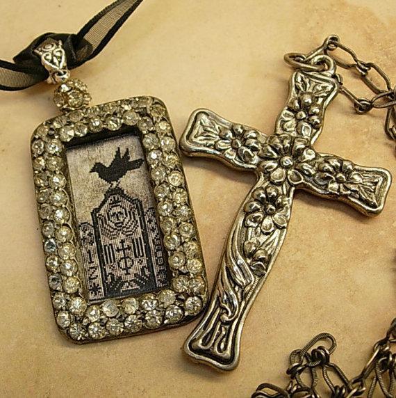 Gothic Raven & Victorian cross necklace Haunting  paste rhinestones sterling chain black ribbon