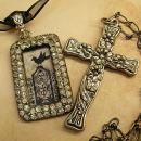 Gothic Raven & Victorian cross necklace Haunting  paste rhinestones sterling chain black ribbon