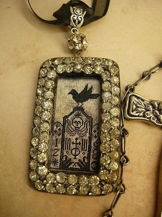Gothic Raven & Victorian cross necklace Haunting  paste rhinestones sterling chain black ribbon