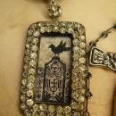 Gothic Raven & Victorian cross necklace Haunting  paste rhinestones sterling chain black ribbon
