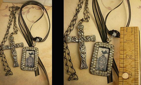 Gothic Raven & Victorian cross necklace Haunting  paste rhinestones sterling chain black ribbon
