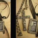 Gothic Raven & Victorian cross necklace Haunting  paste rhinestones sterling chain black ribbon