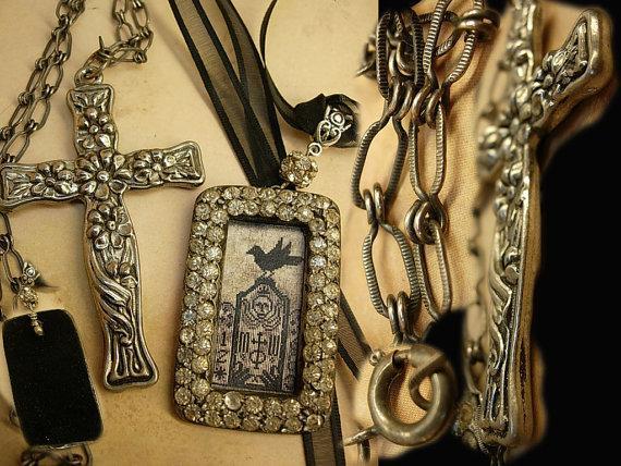 Gothic Raven & Victorian cross necklace Haunting  paste rhinestones sterling chain black ribbon