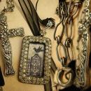 Gothic Raven & Victorian cross necklace Haunting  paste rhinestones sterling chain black ribbon