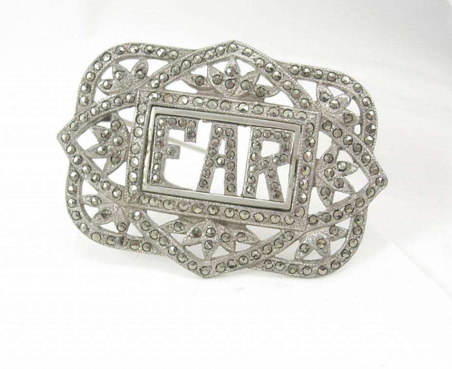 Vintage art deco Marcasite Brooch initial EAR FAR fancy setting