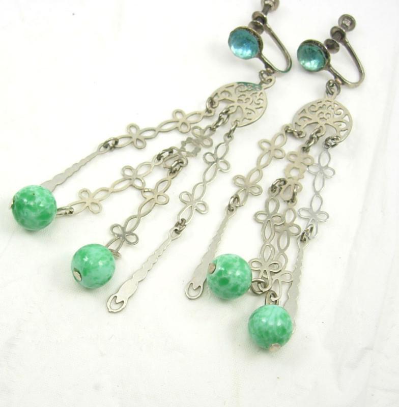 Vintage Deco PEKING Glass Bracelet & earrings chandelier dangles