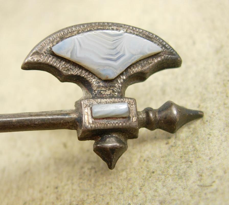 Antique sterling Brooch Scottish agate Axe Battle ax Hatchet