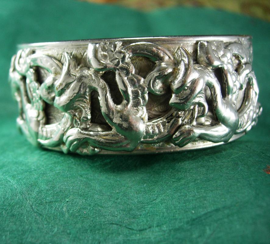 Vintage medieval winged Dragon Bracelet bangle cuff Mythical creature silver Gothic renaissance revival