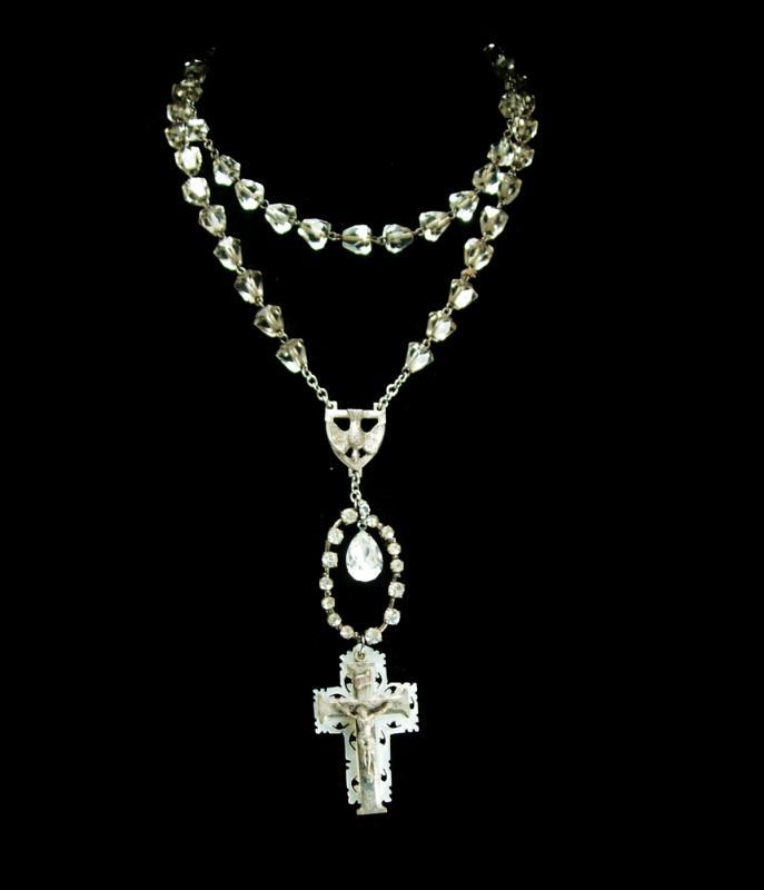 Antique Rosary Necklace Vintage cut Crystal Saint Esprit dove Chapel sterling deco ornate mother of pearl silver crucifix Austria Rhinestone