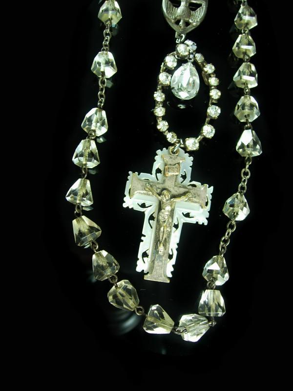 Antique Rosary Necklace Vintage cut Crystal Saint Esprit dove Chapel sterling deco ornate mother of pearl silver crucifix Austria Rhinestone