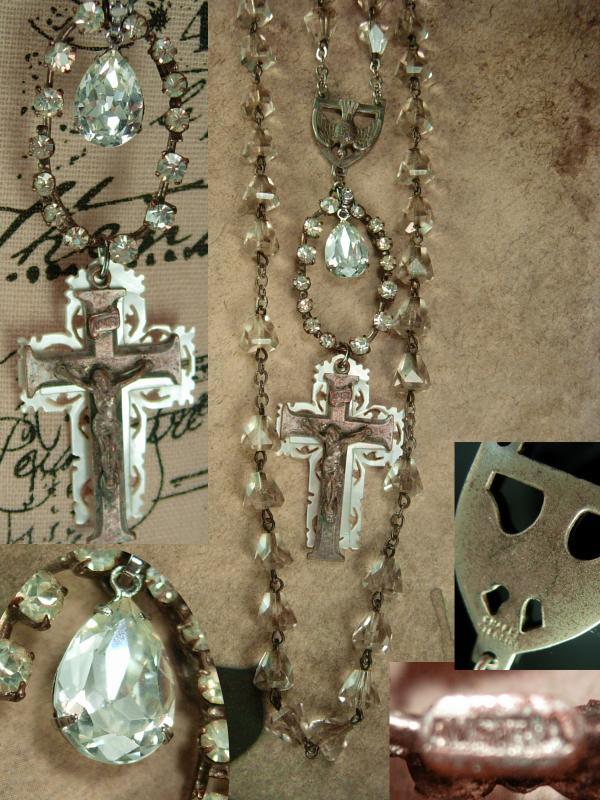 Antique Rosary Necklace Vintage cut Crystal Saint Esprit dove Chapel sterling deco ornate mother of pearl silver crucifix Austria Rhinestone