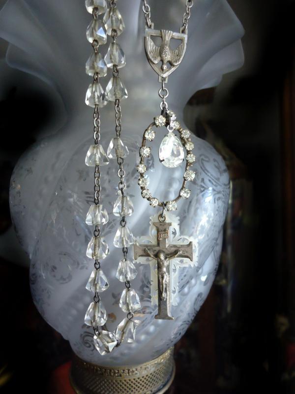 Antique Rosary Necklace Vintage cut Crystal Saint Esprit dove Chapel sterling deco ornate mother of pearl silver crucifix Austria Rhinestone