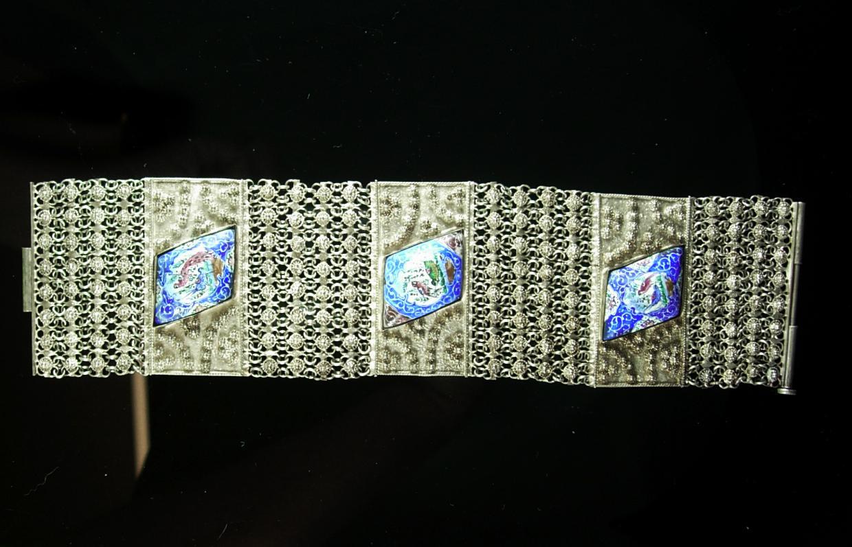 HUGE Persian Enamel Bracelet - vintage Tribal etruscan chain maille - statement bracelet - folk art finift silver blue Birds