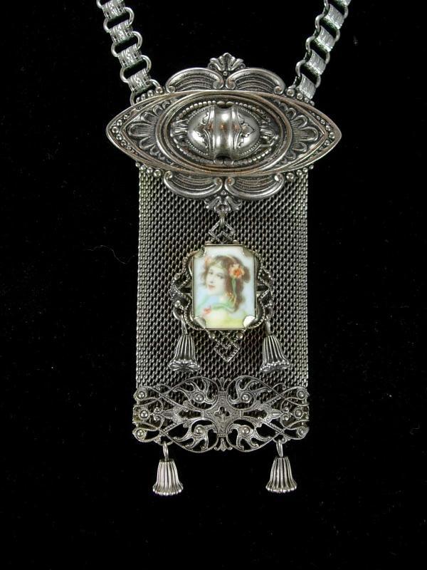 Antique Bookchain necklace Vintage Fabulous Mucha Goddess portrait Watch Fob mesh huge tassel Brooch two piece silver statement necklace set