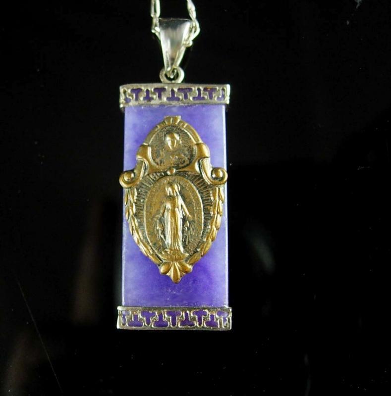 Sterling religious Jade Necklace Asian antique medal miraculous Mary  Drop necklace