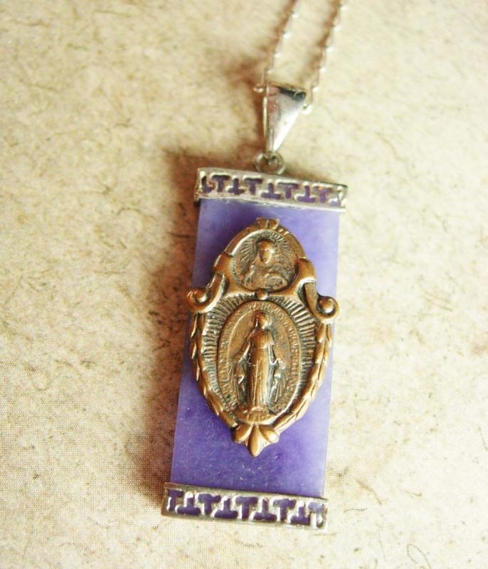 Sterling religious Jade Necklace Asian antique medal miraculous Mary  Drop necklace