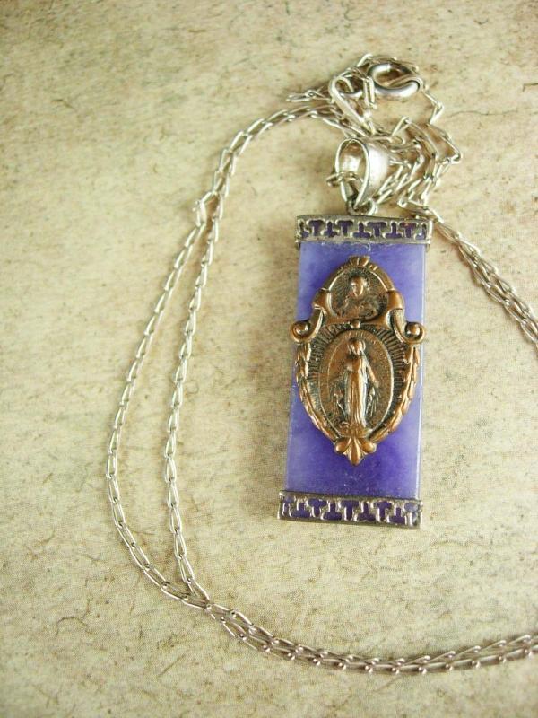Sterling religious Jade Necklace Asian antique medal miraculous Mary  Drop necklace