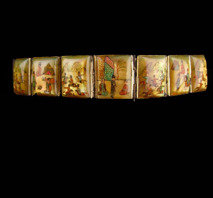 Vintage Wide Persian Bracelet - Antique portrait miniatures - storytelling panels - set in silver and mother of pearl